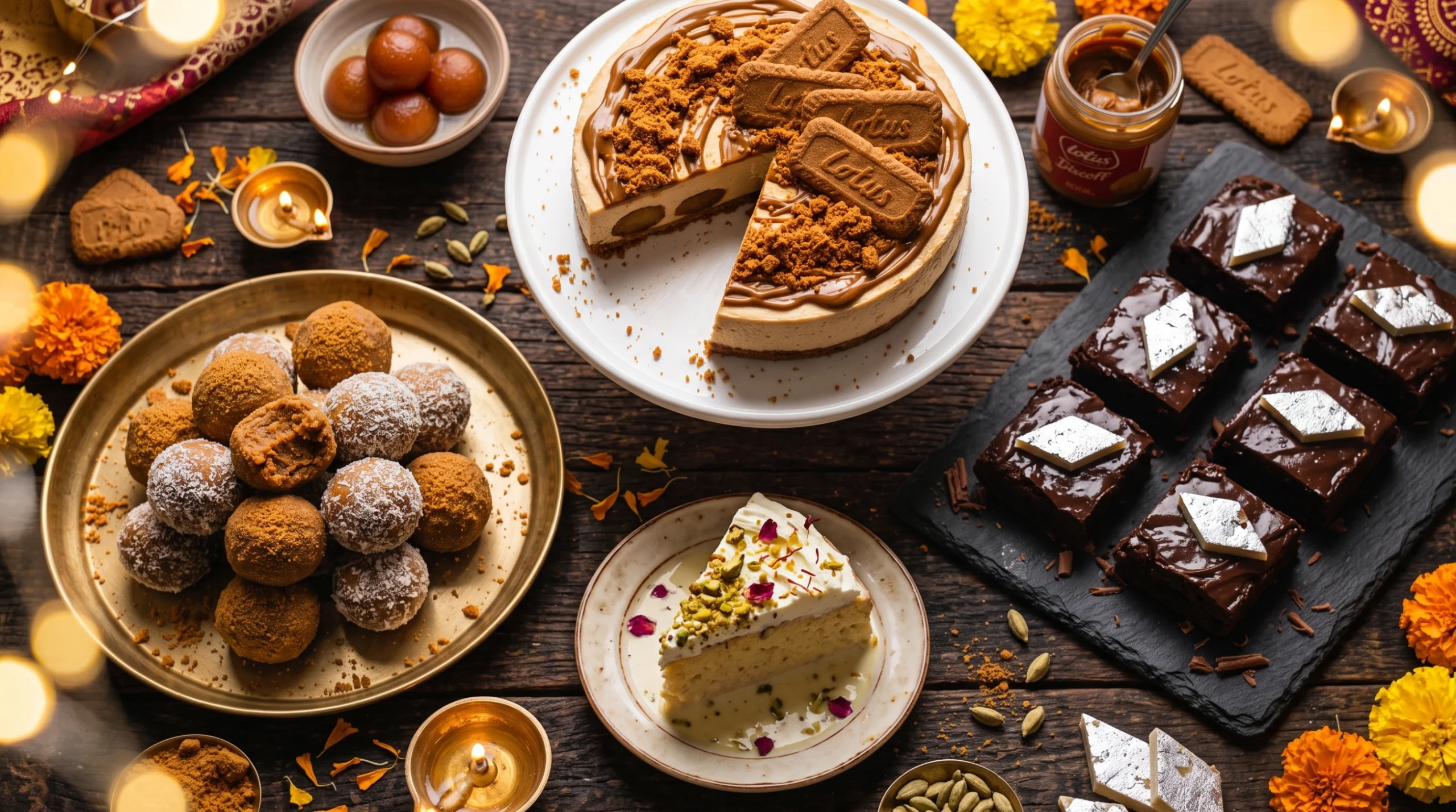 Diwali fusion bakes with Biscoff cheesecake, kaju katli brownies and rasmalai cake